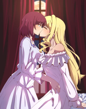 2girls bare_shoulders blonde_hair blush claire_francois closed_eyes commentary curtains dress highres indoors kiss long_hair medium_hair moon multiple_girls night off-shoulder_dress off_shoulder purple_hair rae_taylor red_eyes watashi_no_oshi_wa_akuyaku_reijou white_dress yuri yuriyurisuki
