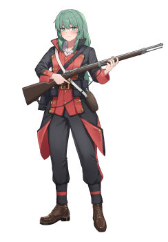 1girl absurdres belt black_jacket black_pants brown_belt bt_(user_udwc7853) collared_shirt commentary commission english_commentary full_body green_eyes green_hair gun highres holding holding_gun holding_weapon jacket long_sleeves musket open_clothes open_jacket original pants pouch shirt simple_background solo standing weapon white_background white_shirt