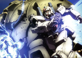 1990s_(style) apsalus apsalus_ii artist_request battle beam_cannon cable chest_cannon dirty duel earth_federation energy firing glowing green_eyes ground_gundam gundam gundam_08th_ms_team gundam_perfect_file highres machinery mecha mecha_focus mobile_armor mobile_suit no_humans official_art one-eyed promotional_art retro_artstyle robot scan scene_reference science_fiction traditional_media v-fin zeon