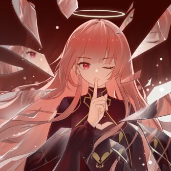 1girl arknights black_dress black_jacket cleavage_cutout clothing_cutout dress finger_to_mouth halo index_finger_raised jacket lemuen_(arknights) long_hair looking_at_viewer ming_na_(15050219118) one_eye_closed open_clothes open_jacket pink_eyes pink_hair shards shushing upper_body very_long_hair