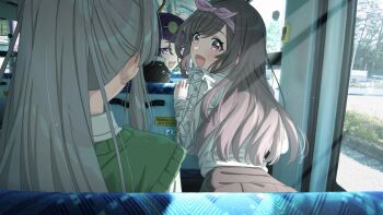 3girls :d black_jacket blunt_bangs bow bow_hairband brown_skirt bus_interior collared_shirt commentary eyewear_on_head facing_ahead frilled_shirt frills from_behind fur-trimmed_jacket fur_trim green_sweater_vest grey_hair hairband hands_up highres idolmaster idolmaster_shiny_colors jacket leaning_forward light_blush long_hair long_sleeves looking_at_another looking_back multiple_girls open_mouth photo_background pink_bow pink_hairband ponytail purple_eyes purple_hair shirt sitting skirt smile sunglasses sweater_vest swept_bangs symbol-only_commentary takada_(pixiv_97599311) tanaka_mamimi tsukioka_kogane white_shirt window yukoku_kiriko