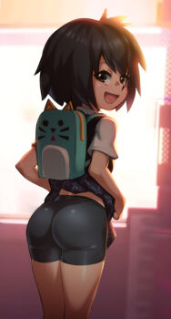 1girl ass backpack bag bike_shorts bike_shorts_under_skirt black_hair black_shorts female_focus from_behind jcm2 loli looking_at_viewer looking_back marvel open_mouth peni_parker pleated_skirt school_uniform shiny_skin short_hair shorts shorts_under_skirt skirt smile solo spider-man:_into_the_spider-verse spider-man_(series) spider-verse standing sweater sweater_vest