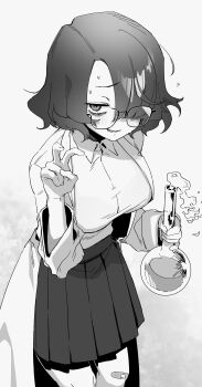 1girl absurdres aizenpochi bags_under_eyes bandaid bandaid_on_knee bandaid_on_leg breasts chemicals flask glasses greyscale hair_over_one_eye highres lab_coat large_breasts messy_hair mojyo monochrome original pleated_skirt round-bottom_flask school_uniform simple_background skirt v white_background