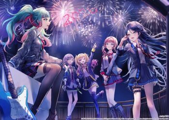 2026 5girls :d aqua_eyes aqua_hair artist_name bass_guitar black_hair black_jacket black_shoes black_skirt black_thighhighs blonde_hair blue_eyes blush brown_hair closed_mouth collared_shirt commentary_request company_name copyright_notice fireworks gradient_hair green_eyes grey_eyes grey_hair hair_ornament hairclip hatsune_miku highres hinomori_shiho hoshino_ichika_(project_sekai) instrument jacket leg_up leo/need_(project_sekai) leo/need_miku long_hair mochizuki_honami multicolored_hair multiple_girls necktie new_year official_art open_mouth pink_eyes pink_hair pipi_(pipinavigation) project_sekai red_necktie shirt shoes short_hair side_ponytail skirt smile star_(symbol) striped_clothes striped_necktie tenma_saki thighhighs twintails vocaloid webpage white_shirt x_hair_ornament