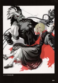 Rule 34 | 1girl, absurdres, black boots, black dress, black hair, blonde hair, boots, chuuou higashiguchi, claws, dress, highres, kneehighs, moura, nitroplus, non-web source, official art, promotional art, red scarf, resting, scan, scarf, socks, vampirdzhija vjedogonia, vjedogonia