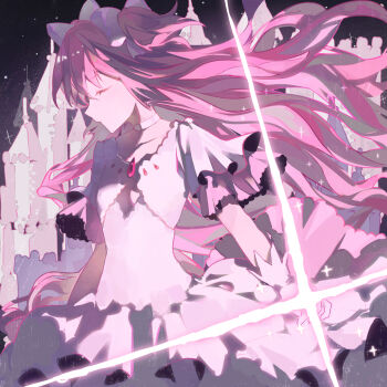 1girl bow bow_(weapon) breasts cleavage cleavage_cutout closed_eyes closed_mouth clothing_cutout dress gloves hair_bow highres holding holding_bow_(weapon) holding_weapon kaname_madoka long_hair mahou_shoujo_madoka_magica mahou_shoujo_madoka_magica_(anime) mi_ran_ran pink_hair short_sleeves small_breasts solo two_side_up ultimate_madoka very_long_hair weapon white_bow white_dress white_gloves