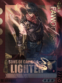 1boy belt_buckle black_boots black_gloves black_hair black_jacket boots buckle english_text fkskii65 full_body gloves green_eyes hair_between_eyes hair_over_one_eye highres jacket lighter lighter_(zenless_zone_zero) male_focus pants red_scarf round_eyewear scarf short_hair shoulder_spikes smoke smoke_trail solo spikes sunglasses zenless_zone_zero zipper