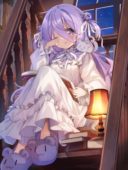 1girl absurdres amamiya_shizuku_(hizuki_yayoi) animal animal_on_shoulder blush book chinchilla_(animal) commentary_request double_bun dress full_body hair_between_eyes hair_bun hand_up highres hizuki_yayoi holding holding_book indoors lamp long_bangs long_hair long_sleeves looking_at_viewer night nightgown open_book original parted_lips pile_of_books purple_eyes purple_hair purple_slippers ribbon rubbing_eyes sitting sitting_on_stairs slice_of_life slippers solo stairs star_(sky) two_side_up white_dress white_ribbon window