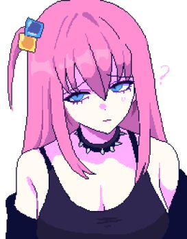 Rule 34 | 1girl, ?, bare shoulders, black choker, black tank top, blue eyes, bocchi the rock!, breasts, choker, cleavage, closed mouth, cube hair ornament, gotoh hitori, hair between eyes, hair ornament, hashtag-only commentary, highres, large breasts, long hair, looking at viewer, one side up, pink hair, pixel art, raised inner eyebrows, sakami (pixelsakami), simple background, small sweatdrop, solo, spiked choker, spikes, tank top, upper body, white background