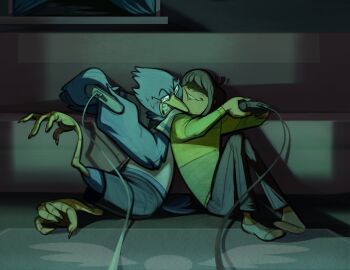 1boy 1other angry berdly_(deltarune) bird_wings blush brown_hair cheek-to-cheek chellustrates controller deltarune furry furry_male game_controller glasses heads_together highres holding holding_controller holding_game_controller kris_(deltarune) playing_games sitting smile talons utdr_(toby_fox) wings