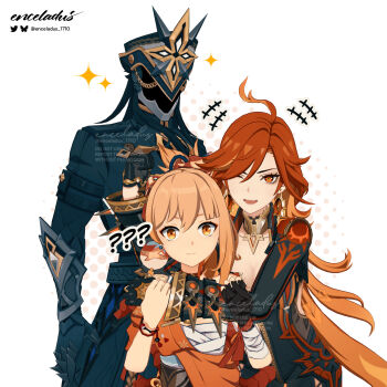 1boy 2girls 3d artist_name bandages biker_clothes bikesuit black_bodysuit black_hair black_helm black_helmet blonde_hair bluesky_logo bluesky_username bodysuit capitano_(genshin_impact) enceladus_1710 faceless faceless_male genshin_impact helmet highres japanese_clothes kimono long_hair long_sleeves mask mavuika_(genshin_impact) multicolored_hair multiple_girls orange_eyes orange_hair orange_kimono orange_pupils ponytail red_hair sarashi signature smile sparkle symbol_in_eye twitter_logo twitter_username two-tone_hair voice_actor_connection white_background yellow_eyes yoimiya_(genshin_impact)