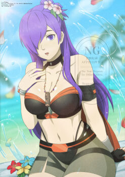 1girl :o absurdres bare_arms bare_shoulders beach bikini black_bikini black_choker black_gloves blue_sky breasts choker cleavage collarbone female_shez_(fire_emblem) female_shez_(summer)_(fire_emblem) fingerless_gloves fire_emblem fire_emblem:_three_houses fire_emblem_heroes fire_emblem_warriors:_three_hopes flower gloves hair_flower hair_ornament hair_over_one_eye hand_on_own_chest highres large_breasts long_hair looking_at_viewer navel nintendo official_alternate_costume open_mouth outdoors parted_lips purple_eyes purple_hair single_fingerless_glove sky solo stomach swimsuit tak0baka thighs water white_flower