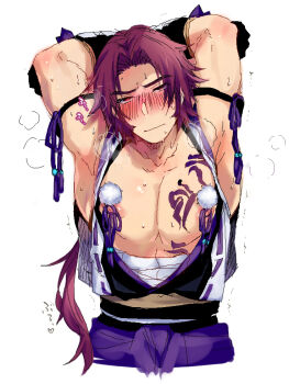 10s 1boy alternate_eye_color arms_behind_head blush booch japanese_clothes long_sideburns male_focus nipples pom_pom_(clothes) ponytail red_eyes red_hair sarashi siddham solo sweat tattoo tonbokiri_(touken_ranbu) touken_ranbu trembling