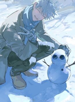 1boy 99round black_pants blue_scarf brown_shoes coat colored_eyelashes gloves gojou_satoru grey_coat highres jujutsu_kaisen long_sleeves lower_teeth_only male_focus open_mouth outdoors pants round_eyewear scarf shoes short_hair smile snow snowman solo squatting sunglasses teeth v white_hair winter winter_clothes