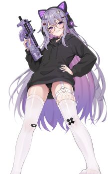 1girl :d absurdres animal_ear_headphones animal_ears asymmetrical_legwear black_choker black_hoodie black_panties bullpup castellayaki cat_ear_headphones cat_ears choker colored_inner_hair commentary double-parted_bangs fake_animal_ears fishnet_thighhighs fishnets fn_p90 garter_straps gem glasses gradient_hair grin gun hair_flaps hair_ornament hairclip hand_on_own_hip headphones heart heart_o-ring highres holding holding_gun holding_weapon hololive hololive_english hood hoodie jewel_under_eye koseki_bijou lace lace-trimmed_panties lace_trim long_hair long_sleeves looking_at_viewer mismatched_legwear multicolored_hair no_pants no_shoes o-ring o-ring_choker o-ring_thigh_strap open_mouth panties pantyshot pink_hair purple_eyes purple_gem purple_hair round_eyewear sidelocks simple_background single_garter_strap smile solo standing submachine_gun teardrop-framed_glasses thigh_strap thighhighs underwear very_long_hair virtual_youtuber weapon white_background white_thighhighs