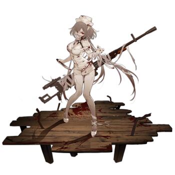 1girl alternate_costume bandaged_arm bandages black_nails blood blood_on_clothes blood_stain bloody_bandages bloody_knife breasts brown_hair cleavage cracked_skin eyelashes fingernails full_body girls'_frontline gun harness hat heavy_machine_gun high_heels holding holding_knife horror_(theme) knife kord_(dancer_in_the_dead_silence)_(girls'_frontline) kord_(girls'_frontline) kord_6p50 kord_macine_gun legs long_hair looking_at_viewer low_twintails machine_gun medium_breasts nail_polish nurse nurse_cap o-ring off_shoulder official_art pale_skin rebar red_eyes scope shi-chen solo thighs transparent_background twintails very_long_hair weapon white_footwear wooden_floor