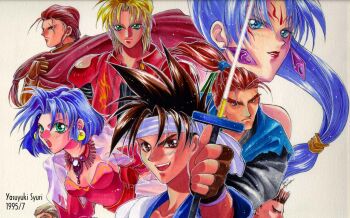 2girls 4boys ahoge alternate_color blonde_hair blue_eyes blue_hair bow brown_eyes brown_hair coat duke_b_rambert earrings eiji_shinjo ellis_(toushinden) everyone forehead_tattoo frown green_eyes happy headband jewelry kayin_amoh leotard lipstick long_hair makeup mondo_(battle_arena_toshinden) mondo_(toushinden) multiple_boys multiple_girls necklace open_mouth player_2 ponytail red_leotard ribbon see-through_clothes see-through_sleeves short_hair shuri_yasuyuki smile sofia sofia_(toushinden) spiked_hair sword tamsoft tattoo toushinden weapon