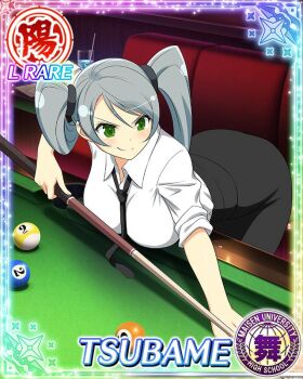 1girl ass ball bent_over billiards black_necktie black_pants border breasts card_(medium) character_name closed_mouth cue_stick facing_to_the_side game_cg green_eyes grey_hair holding holding_cue_stick large_breasts leaning_on_table long_hair necktie official_art pants playing_sports pool_table senran_kagura senran_kagura_new_wave shirt smile solo swept_bangs table third-party_source tsubame_(senran_kagura) twintails very_long_hair white_shirt