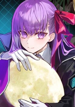 Rule 34 | 1girl, bb (fate), bb (fate/extra), black coat, coat, collared shirt, commentary, english commentary, fate/grand order, fate (series), gloves, hair ribbon, highres, long hair, long sleeves, looking at viewer, moon, neck ribbon, open clothes, open coat, popped collar, poppoman, purple eyes, purple hair, red ribbon, ribbon, shirt, smile, solo, very long hair, white gloves, white shirt, wide sleeves