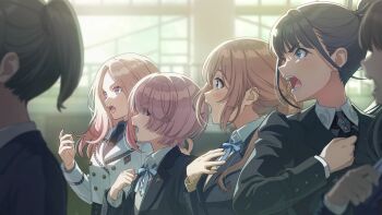 amaya_tsubame arimura_mao black_hair blazer blonde_hair blue_eyes brown_hair buttons collared_shirt forehead gakuen_idolmaster game_cg hand_up himesaki_rinami idolmaster jacket juo_sena multicolored_hair neck_ribbon necktie official_art open_mouth pink_hair profile ribbon shirt sweater_vest thick_eyebrows window