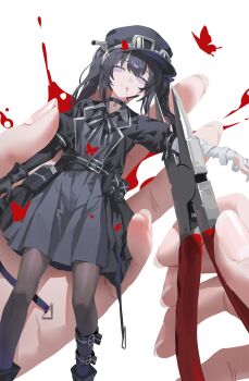 1girl 1other absurdres ammunition_pouch bandaged_arm bandages belt black_belt black_choker black_dress black_gloves black_hair black_hat black_pantyhose black_ribbon blood blood_from_mouth bug butterfly chinese_commentary choker commentary_request dress expressionless fingernails gloves grey_eyes hat highres holding_pliers in_palm insect kurobe_nanoka long_hair looking_at_viewer lying magical_girl mahou_shoujo_no_majo_saiban mini_person minigirl neck_ribbon on_back pantyhose pliers pouch red_butterfly ribbon shortofsugar simple_background solo solo_focus twintails white_background