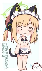 Rule 34 | 1boy, 1girl, @ @, absurdres, animal ear headphones, animal ears, apron, bare arms, bare shoulders, barefoot, bikini, bikini top only, black bikini, black skirt, blonde hair, blue archive, blue bow, blush, bow, chibi, closed eyes, closed mouth, collarbone, doodle sensei (blue archive), facing viewer, fake animal ears, flying sweatdrops, full body, hair bow, halo, hana kazari, headphones, highres, midori (blue archive), midori (maid) (blue archive), navel, sensei (blue archive), simple background, skirt, solo focus, standing, sweat, swimsuit, translation request, twintails, waist apron, wavy mouth, white apron, white background