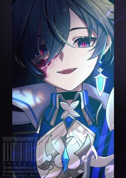 Rule 34 | 1boy, blood, blood on face, blue gem, blue hair, cape, collared shirt, commentary request, earrings, gem, genshin impact, hair between eyes, jewelry, lohen (genshin impact), looking at viewer, male focus, multicolored eyes, open mouth, parted hair, piercing, pillarboxed, rin gotarou, shirt, single earring, smile, solo, upper body, watermark, wing collar