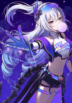 1girl bare_shoulders blowing_bubble_gum blue-tinted_eyewear chewing_gum closed_mouth commentary_request cowboy_shot drill_hair drill_ponytail eyewear_on_head gradient-tinted_eyewear grey_eyes grey_hair hair_between_eyes highres honkai:_star_rail honkai_(series) jacket long_hair looking_at_viewer midriff open_clothes open_jacket purple-tinted_eyewear shirt silver_wolf_(honkai:_star_rail) silver_wolf_(lv.999)_(honkai:_star_rail) smile solo stomach tinted_eyewear tsukine122 white_shirt