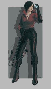 1girl absurdres ada_wong arm_up belt belt_pouch black_boots black_gloves black_hair black_pants boots border bow_(weapon) brown_eyes cross cross_necklace crossbow elbow_gloves full_body gloves grey_background grey_border high_heel_boots high_heels highres holding holding_crossbow holding_cube holding_weapon inverted_cross jewelry kurumi031212 necklace outside_border pants parted_lips pouch red_shirt resident_evil resident_evil_6 shirt short_hair solo standing three-quarter_sleeves utility_belt weapon