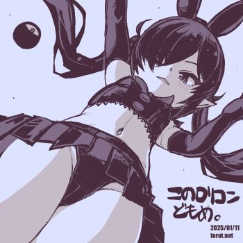1girl animal_ear_hairband animal_ears arm_up backbeako_(torotei) backbeard blue_background blush breasts buttons commentary dated dated_commentary dutch_angle elbow_gloves fake_animal_ears from_below gegege_no_kitarou gloves hair_over_one_eye hairband hand_up kono_lolicon_domome light_smile loli long_hair looking_at_viewer looking_down monochrome neckerchief one_eye_closed original paid_reward_available panties pantyshot parted_lips pleated_skirt pointy_ears rabbit_ear_hairband rabbit_ears shirt simple_background skirt sleeveless sleeveless_shirt small_breasts solo torotei translated twintails underwear watermark web_address