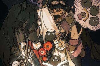 Rule 34 | 1boy, 1girl, black background, black hat, black horse, black mask, blue coat, carbuncle (reverse:1999), charon (reverse:1999), clenched hands, closed eyes, coat, commentary request, covered face, covered mouth, creature, creature on shoulder, flower, gloves, grey gloves, hat, highres, holding, holding reins, horseback riding, mask, merel (reverse:1999), mouth mask, newsboy cap, official art, on shoulder, poppy (flower), red flower, reins, reverse:1999, riding, speech bubble, thought bubble, upper body, veil, white coat, white gloves, white veil