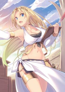 1girl armpits blonde_hair blue_eyes breasts cleavage clipboard crown felicia_(hyakuren_no_haou_to_seiyaku_no_valkyria) female_focus highres hip_bones holding holding_clipboard hyakuren_no_haou_to_seiyaku_no_valkyria large_breasts long_hair midriff navel open_mouth outdoors parted_bangs sarong sidelocks skirt sky solo tagme tiara yukisan