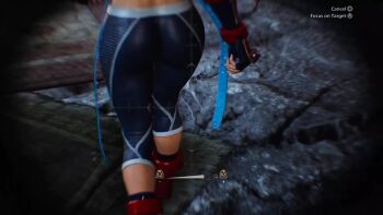 1girl alma_(monster_hunter_wilds) animated ass audible_music audible_speech black_gloves black_leggings blue_jacket cammy_white cammy_white_(cosplay) capcom cosplay cropped_jacket english_audio female_focus fingerless_gloves game_screenshot gauntlets glasses gloves highres jacket leggings monster_hunter_(series) monster_hunter_wilds solo sound street_fighter street_fighter_6 union_jack union_jack_print video video_game_screencap walking