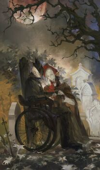 1girl 1other ascot bloodborne bonnet boots brown_cloak cloak collar corset doll_joints dress fingerless_gloves flower frilled_cloak frilled_collar frills gloves grey_eyes hair_flower hair_ornament hair_ribbon hat highres joints long_sleeves moon night outdoors parted_bangs plain_doll red_ascot red_bonnet ribbon scenery short_hair sidelocks skull smile tombstone tree tricorne wheelchair white_hair yayaziiii