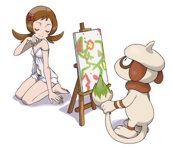 1girl absurdres alternate_costume babydoll barefoot brown_hair canvas_(object) closed_eyes closed_mouth commentary easel english_commentary eyelashes flower gen_2_pokemon hair_flower hair_ornament hand_up highres lyra_(pokemon) mawu_(mishimamaru) nintendo pokemon pokemon_(creature) pokemon_hgss red_flower shorts smeargle smile strap_slip toes twintails white_babydoll white_background white_shorts