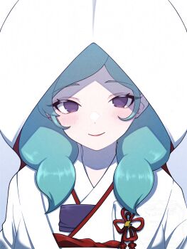 1girl aqua_hair beta_(inazuma_eleven) blush commentary highres inazuma_eleven_(series) inazuma_eleven_go inazuma_eleven_go_chrono_stone japanese_clothes kimono lipstick long_hair looking_at_viewer makeup oirabakumi4649 purple_eyes shiromuku smile solo tassel uchikake wataboushi watermark