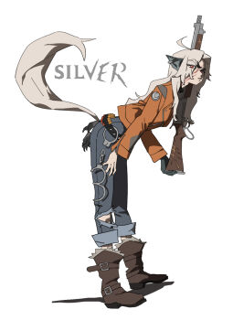Rule 34 | 1girl, alternate eye color, ammunition, animal collar, animal ears, belt, black belt, boots, character name, collar, crescent, cuffs, deadlock (game), full body, fur-trimmed boots, fur trim, gun, handcuffs, highres, holding, holding gun, holding weapon, jacket, long hair, looking at viewer, orange jacket, pants, plumblossom91, pump action, red eyes, scar, scar on face, shotgun, shotgun shell, silver (deadlock), simple background, solo, spiked belt, standing, tail, torn clothes, torn pants, weapon, werewolf, white background, white hair, wolf ears, wolf girl, yellow eyes