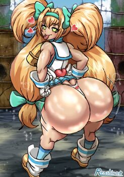 Rule 34 | 1girl, aged up, arc system works, ass, ass focus, blazblue, curvy, female focus, green eyes, heart, heart-shaped pupils, huge ass, looking back, muscular, muscular female, panties, platinum the trinity, renshirou, skirt, symbol-shaped pupils, tagme, thick thighs, thighs, thong, underwear