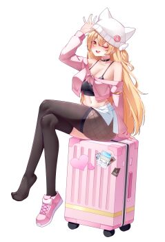 1girl absurdres animal_ears arm_up bare_shoulders beanie black_choker black_shirt blonde_hair breasts brown_thighhighs buyange choker cleavage collarbone crop_top crossed_legs fake_animal_ears fishnet_pantyhose fishnets full_body hat highleg highres jacket large_breasts long_hair looking_at_viewer midriff miniskirt navel off_shoulder one_eye_closed open_mouth original panty_straps pantyhose pink_jacket pink_shoes red_eyes rolling_suitcase shirt shoes simple_background sitting skirt sleeveless sleeveless_shirt smile solo spaghetti_strap stomach suitcase thighhighs very_long_hair white_background white_hat white_skirt