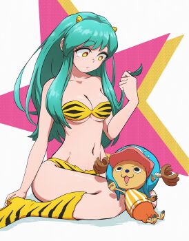 1girl absurdres animal animal_print antlers horns_through_headwear bare_shoulders bikini boots breasts cleavage cone_horns full_body fur_bikini green_hair highres horns long_hair lum medium_breasts navel one_piece oni sitting solo strapless strapless_bikini swimsuit thighs tiger_print tony_tony_chopper urusei_yatsura wolkat yellow_bikini yellow_eyes yellow_horns