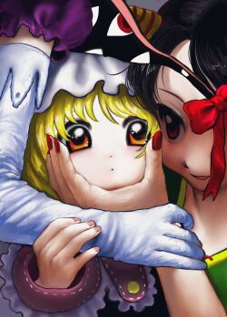 Rule 34 | 3girls, absurdres, black hair, blonde hair, commentary, elbow gloves, expressionless, frills, gap (touhou), gloves, grabbing another's arm, green shirt, hand on another's face, hat, highres, horns, long sleeves, looking at viewer, mob cap, multiple girls, nippaku zanmu, orange eyes, pink nails, red eyes, red nails, rusuban (yakumora n), shirt, short hair, smile, touhou, untranslatable commentary, upper body, white gloves, white hat, yakumo ran, yakumo yukari