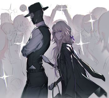 1boy 1girl 1nuyaki black_hat black_jacket black_pants black_vest bow brown_hair crowd faceless fedora hair_bow hat herta_(honkai:_star_rail) highres honkai:_star_rail honkai_(series) humanoid_robot jacket jacket_on_shoulders long_hair pants purple_bow purple_eyes robot screwllum_(honkai:_star_rail) shirt the_herta_(honkai:_star_rail) vest white_shirt