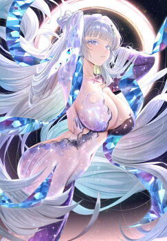 1girl absurdres arms_up bare_shoulders blush breasts cleavage dress goddess_of_victory:_nikke grey_eyes grey_hair hashtag-only_commentary highres large_breasts long_hair looking_at_viewer nayuta_(nikke) ruhee sash solo