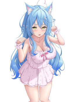 1girl absurdres ahoge animal_ear_fluff animal_ears aqua_jacket bare_shoulders blue_hair blush breasts camisole cat_ears cat_girl cleavage collarbone commentary_request elf hair_between_eyes hair_ornament heart heart_ahoge highres hololive jacket large_breasts long_hair long_sleeves looking_at_viewer midriff miniskirt navel official_alternate_costume open_mouth pink_trim pointy_ears polka_dot polka_dot_camisole polka_dot_skirt seriponpoyon simple_background skirt sleepwear solo stomach very_long_hair virtual_youtuber white_background white_camisole white_skirt yellow_eyes yukihana_lamy yukihana_lamy_(roomwear)