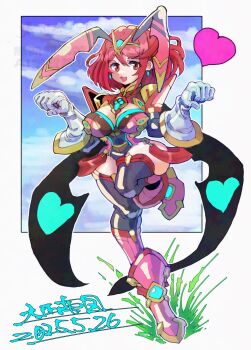 1girl breasts chest_jewel core_crystal_(xenoblade) dated earrings female_focus full_body highres jewelry large_breasts leotard oomasa_teikoku pyra_(xenoblade) rabbit_girl red_eyes red_hair red_leotard short_hair solo tiara xenoblade_chronicles_(series) xenoblade_chronicles_2