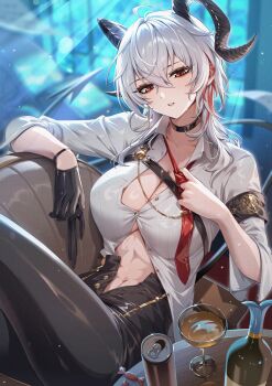 1girl absurdres armband black_armband black_choker black_eyes black_gloves black_horns black_pants bottle breasts can candy chest_harness choker collarbone collared_shirt commentary curled_horns drink_can earrings food gloves gomashio_ponz hair_between_eyes harness highres horns indoors jewelry key_earrings large_breasts long_hair looking_at_viewer loose_necktie mole mole_on_breast mole_under_eye multicolored_eyes multicolored_hair navel necktie open_fly pants parted_lips red_eyes red_necktie shirt sitting_sideways solo stomach streaked_hair toned toned_female two-tone_eyes untucked_shirt white_shirt wuthering_waves zani_(wuthering_waves)
