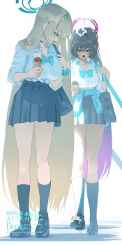 2girls absurdres asuna_(blue_archive) bag bare_legs black_choker black_hair black_shoes black_skirt black_socks blonde_hair blue_archive blue_bow blue_halo bow choker colored_inner_hair commentary_request food halo highres ice_cream karin_(blue_archive) long_hair looking_down multicolored_hair multiple_girls open_mouth purple_hair purple_halo shirt shoes shoulder_bag simple_background skirt socks two-tone_hair very_long_hair white_background white_shirt yamaharu_(xxzf7284)