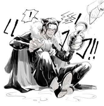 ! 1boy anger_vein ascot bucket claws commentary_request crocodile_(one_piece) fingernails greyscale highres hook_hand kemonomimi_mode long_sleeves male_focus mature_male monochrome ngumngim one_piece pants sharp_fingernails shoes short_hair sitting solo_focus speech_bubble spoken_exclamation_mark stitched_face stitches thai_commentary wet wet_clothes wet_hair white_background