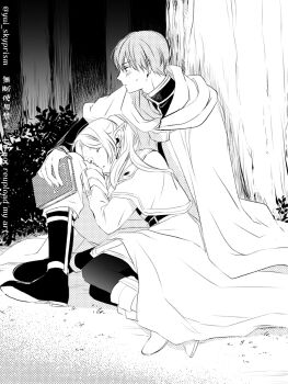 1boy 1girl black_boots black_pantyhose blush book boots capelet cloak earrings elf frieren full_body greyscale hair_between_eyes hetero highres himmel_(sousou_no_frieren) holding holding_book jacket jewelry lap_pillow long_hair monochrome outdoors pantyhose parted_bangs pointy_ears screentones short_hair sleeping sousou_no_frieren sweatdrop tree twintails twitter_username under_tree white_boots white_capelet white_cloak white_jacket yui_skyprism