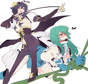 Rule 34 | 2girls, ahoge, all fours, ball gag, bdsm, black boots, black corset, black hair, bondage, boots, bound, breasts, corset, demon wings, dogwhitee, drooling, empty eyes, femdom, gag, green hair, heart, heart ahoge, highres, horns, huge ahoge, human chair, human furniture, long hair, magia azure, magia baiser, magical girl, mahou shoujo ni akogarete, medium hair, multiple girls, pasties, plant, red eyes, restrained, shirt, shrug (clothing), sideboob, simple background, sitting, sitting on person, star-shaped gem, star-shaped pupils, star (symbol), star pasties, symbol-shaped pupils, tearing up, torn clothes, vines, white background, white shirt, white shrug, wings, yuri